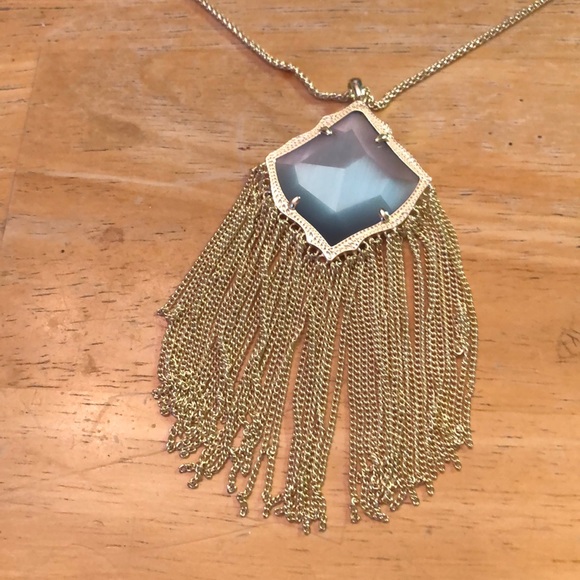 Kendra Scott Kingston Gold Tone Long Pendant Necklace Slate Cats Eye NWT - Picture 5 of 12